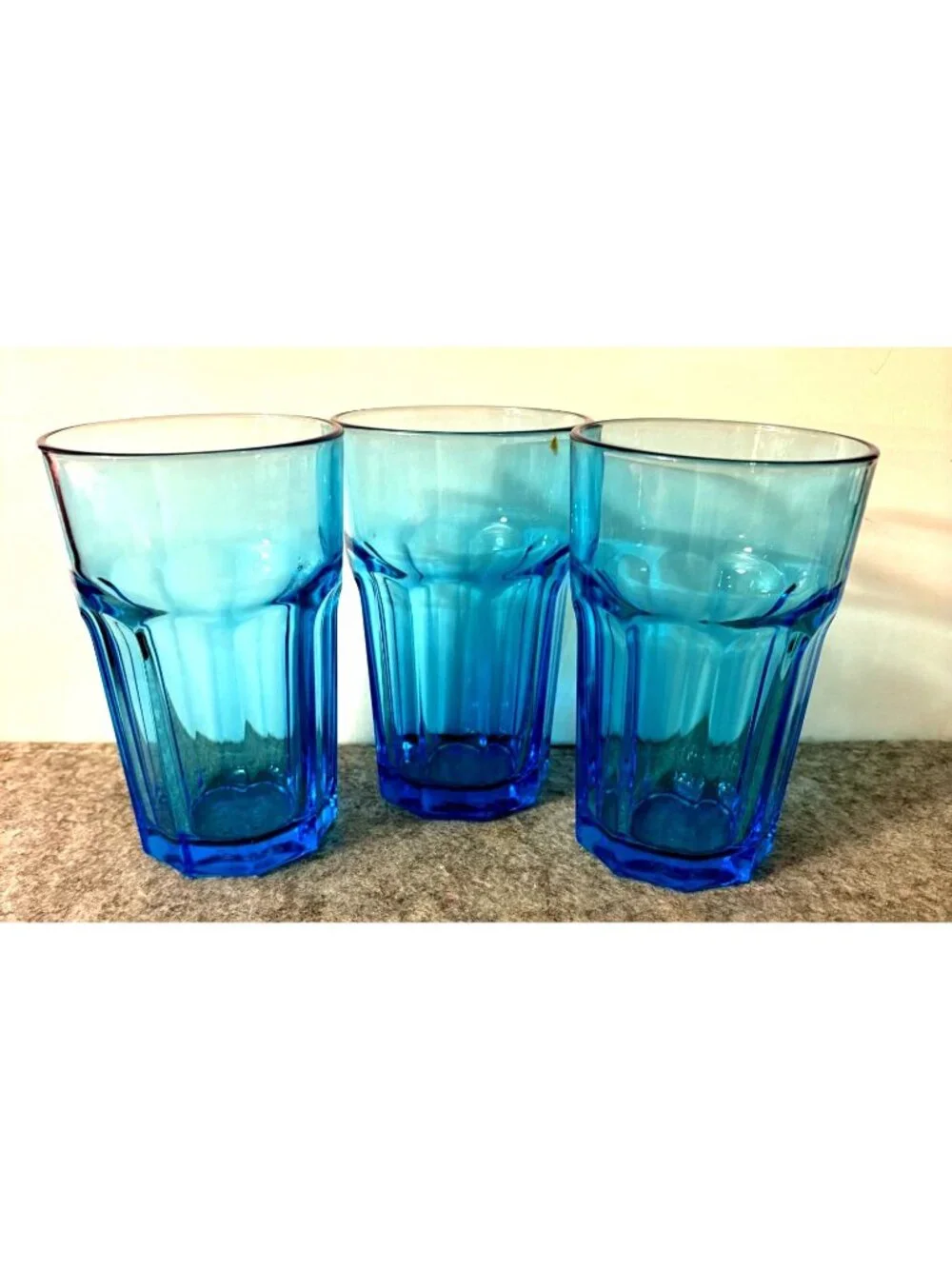 3 Ikea Pokal Teal Blue Paneled glass Tumblers 12oz. # 3390
